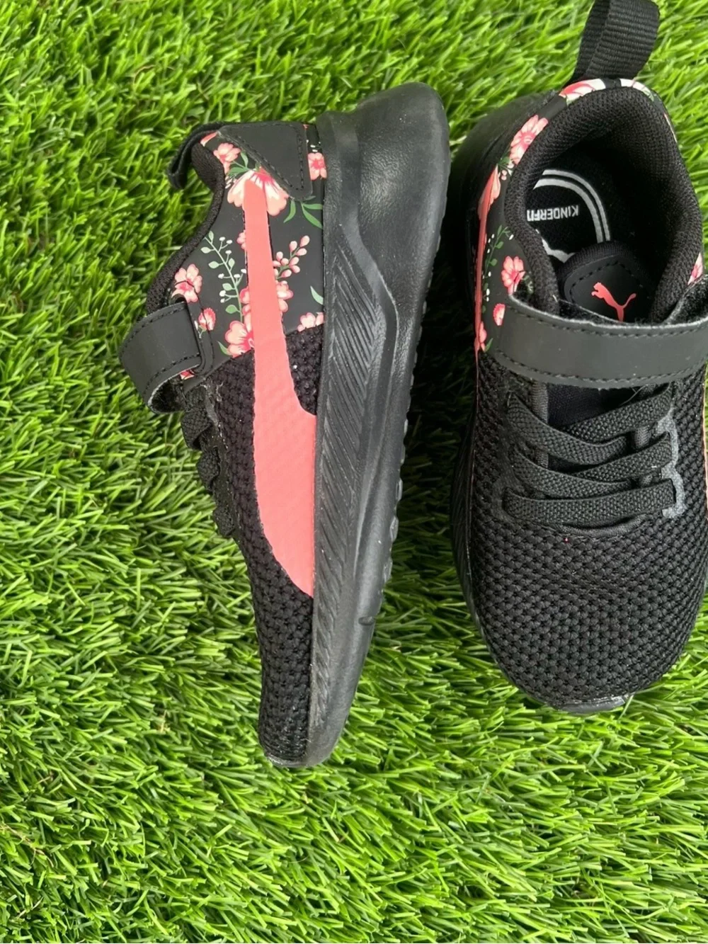 Puma Kids Black Sneakers with Pink Floral Accent